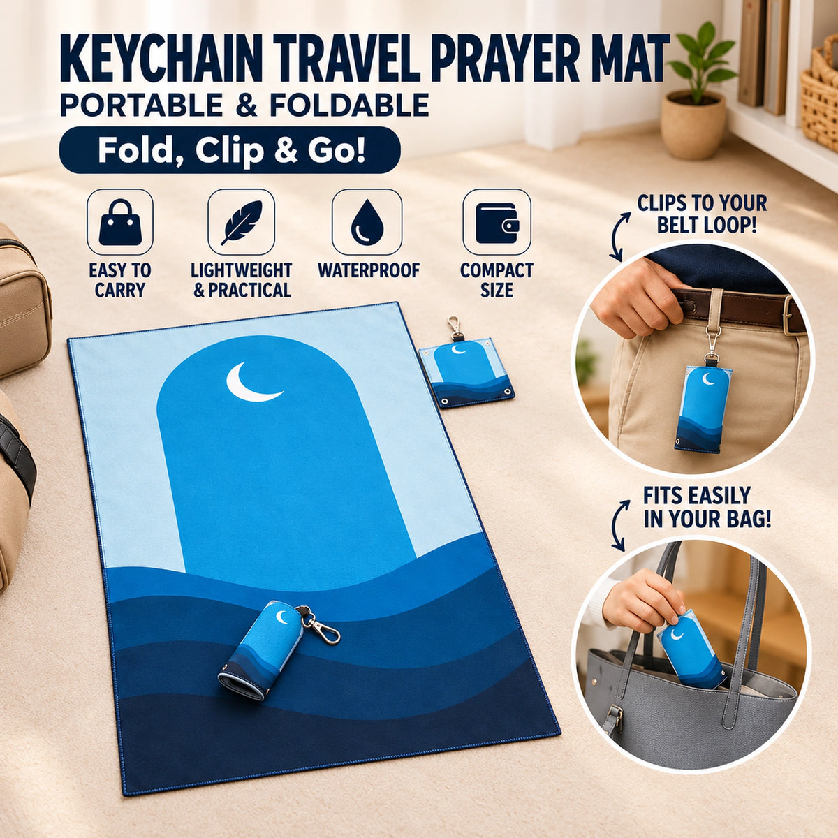 Portable Foldable Travel Prayer Mat with Keychain – Water-Resistant Pocket Sajdah Mat