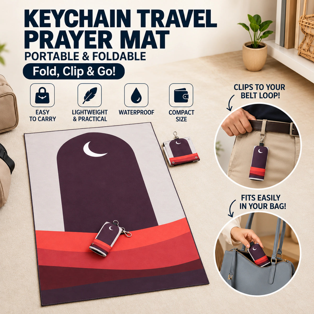 Portable Foldable Travel Prayer Mat with Keychain – Water-Resistant Pocket Sajdah Mat