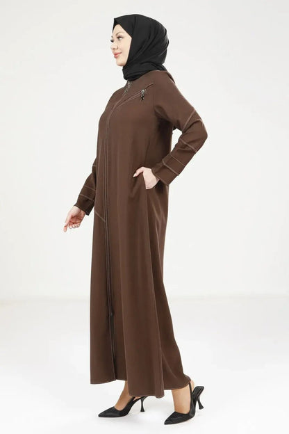 Coffee Brown Tencel Denim Zip - Up Round Neck Sporty Hijab Abaya 9200 - 25 - ihvan