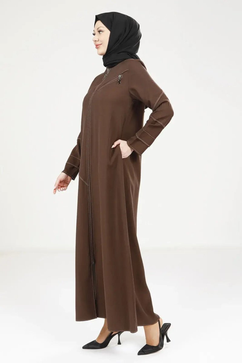 Coffee Brown Tencel Denim Zip - Up Round Neck Sporty Hijab Abaya 9200 - 25 - ihvan
