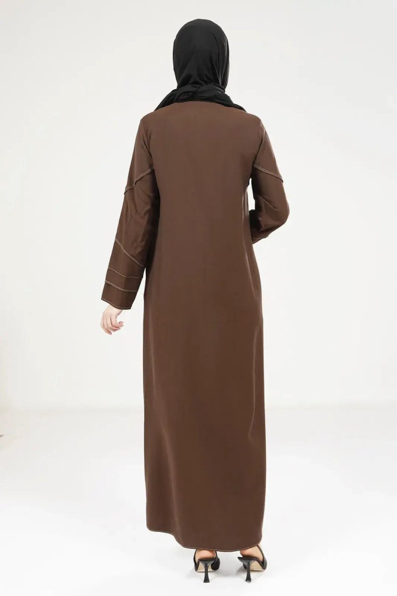 Coffee Brown Tencel Denim Zip - Up Round Neck Sporty Hijab Abaya 9200 - 25 - ihvan
