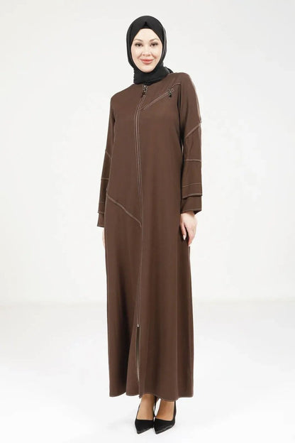 Coffee Brown Tencel Denim Zip - Up Round Neck Sporty Hijab Abaya 9200 - 25 - ihvan