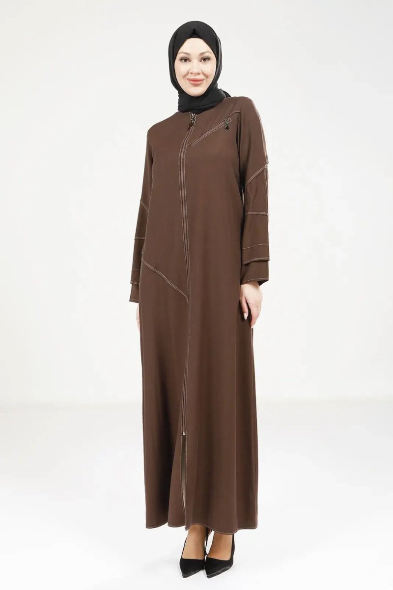 Coffee Brown Tencel Denim Zip - Up Round Neck Sporty Hijab Abaya 9200 - 25 - ihvan