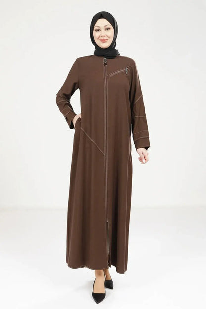 Coffee Brown Tencel Denim Zip - Up Round Neck Sporty Hijab Abaya 9200 - 25 - ihvan