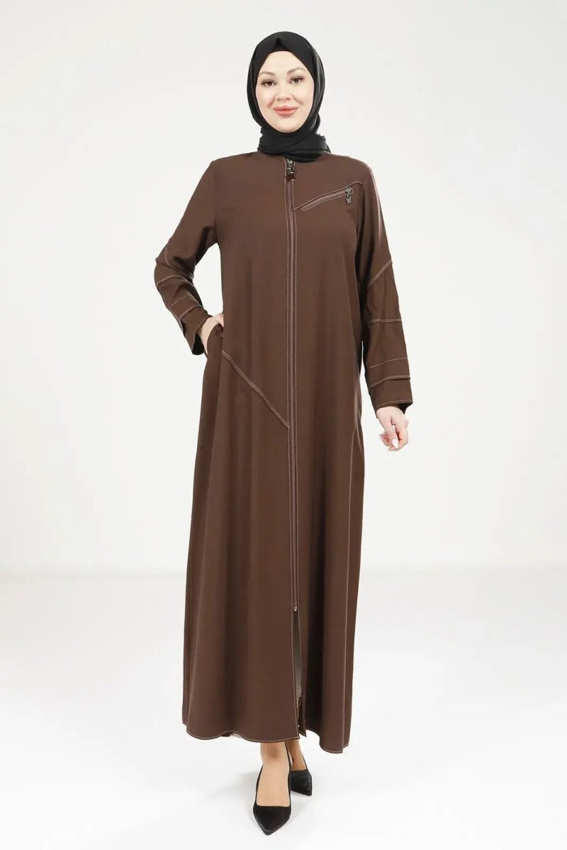 Coffee Brown Tencel Denim Zip - Up Round Neck Sporty Hijab Abaya 9200 - 25 - ihvan