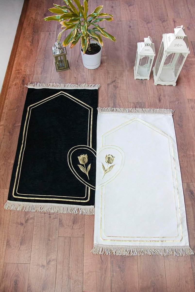 Couples Muslim Prayer Rug Set – 2 Soft Chenille Mats with Rose Pattern & Prayer Beads - ihvan