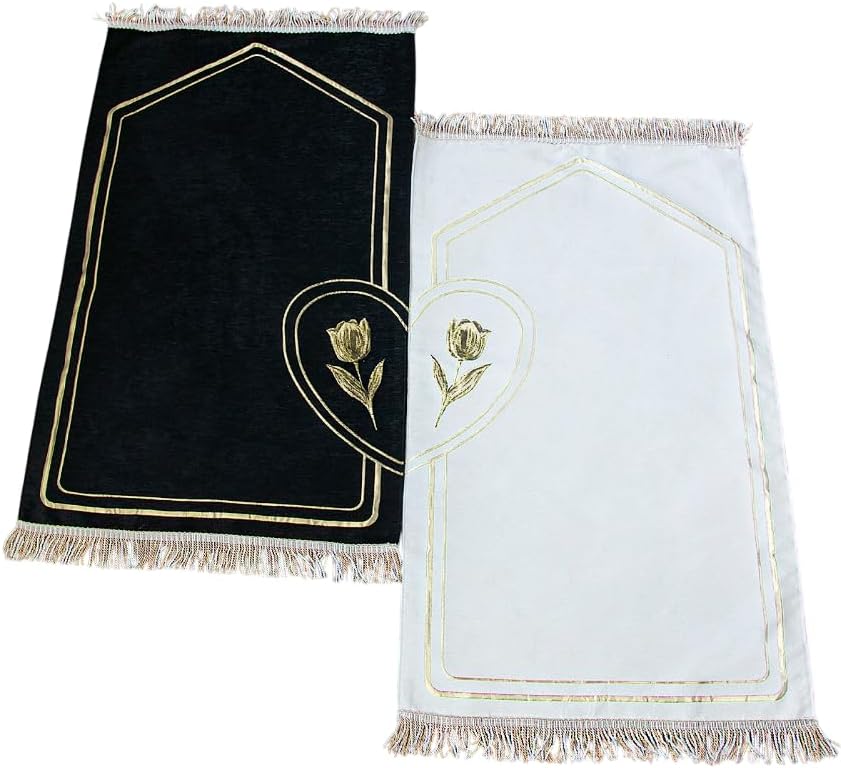 Couples Muslim Prayer Rug Set – 2 Soft Chenille Mats with Rose Pattern & Prayer Beads - ihvan