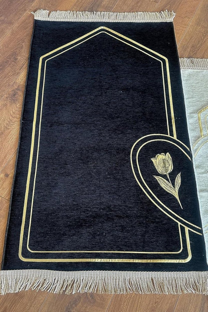Couples Muslim Prayer Rug Set – 2 Soft Chenille Mats with Rose Pattern & Prayer Beads - ihvan