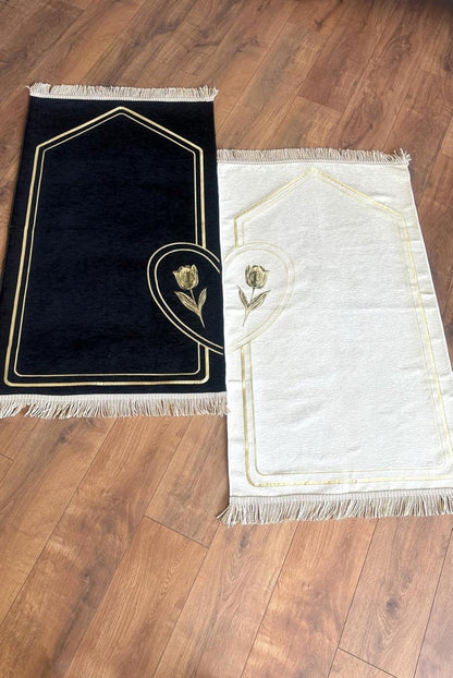 Couples Muslim Prayer Rug Set – 2 Soft Chenille Mats with Rose Pattern & Prayer Beads - ihvan