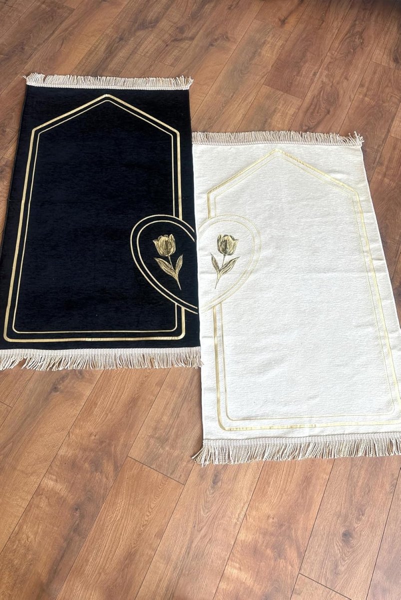 Couples Muslim Prayer Rug Set – 2 Soft Chenille Mats with Rose Pattern & Prayer Beads - ihvan