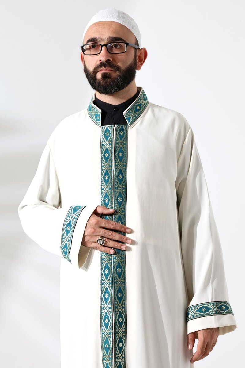 Cream-colored Imam Robe with Green Pattern Embroidery, Mandarin Collar, Snap Buttons, and Pockets. - ihvan