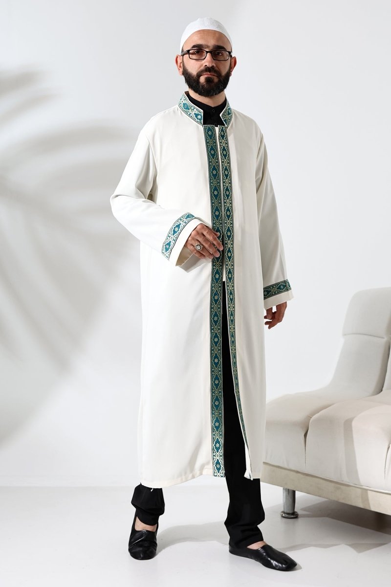 Cream-colored Imam Robe with Green Pattern Embroidery, Mandarin Collar, Snap Buttons, and Pockets. - ihvan