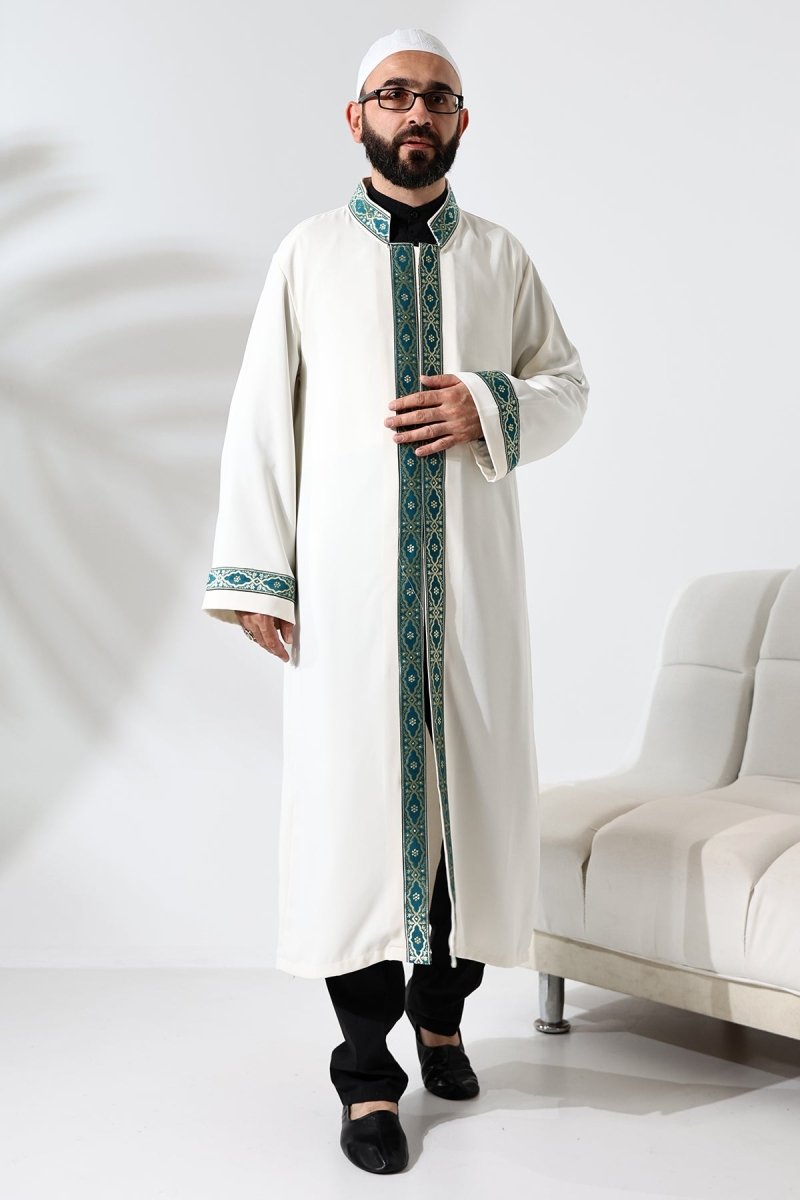 Cream-colored Imam Robe with Green Pattern Embroidery, Mandarin Collar, Snap Buttons, and Pockets. - ihvan
