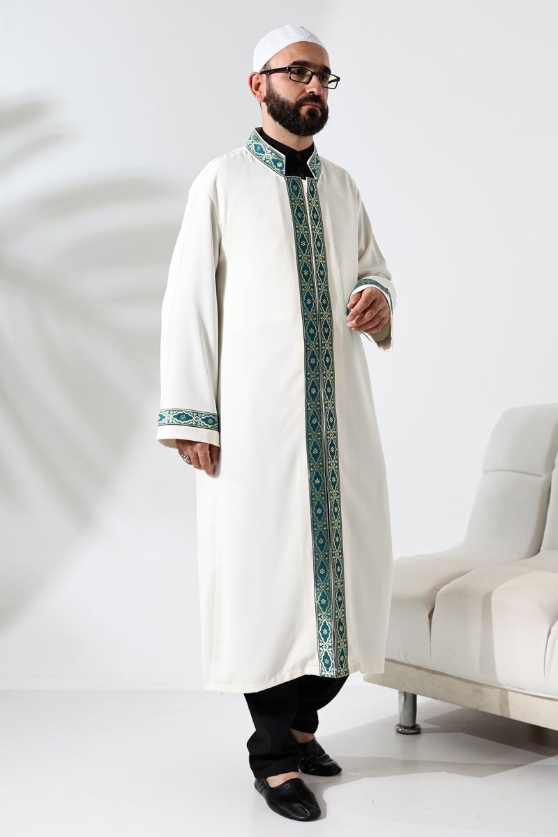 Cream-colored Imam Robe with Green Pattern Embroidery, Mandarin Collar, Snap Buttons, and Pockets. - ihvan