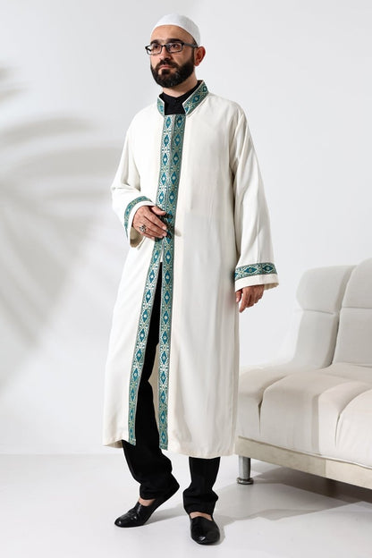 Cream-colored Imam Robe with Green Pattern Embroidery, Mandarin Collar, Snap Buttons, and Pockets. - ihvan