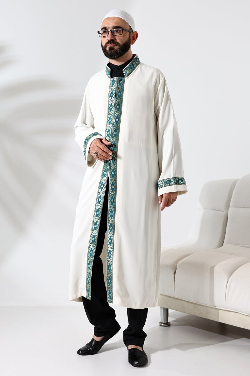 Cream-colored Imam Robe with Green Pattern Embroidery, Mandarin Collar, Snap Buttons, and Pockets. - ihvan