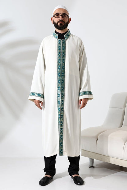 Cream-colored Imam Robe with Green Pattern Embroidery, Mandarin Collar, Snap Buttons, and Pockets. - ihvan