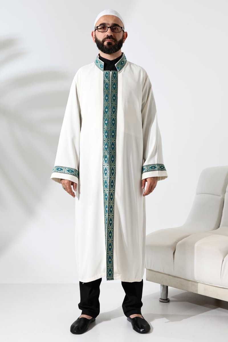 Cream-colored Imam Robe with Green Pattern Embroidery, Mandarin Collar, Snap Buttons, and Pockets. - ihvan