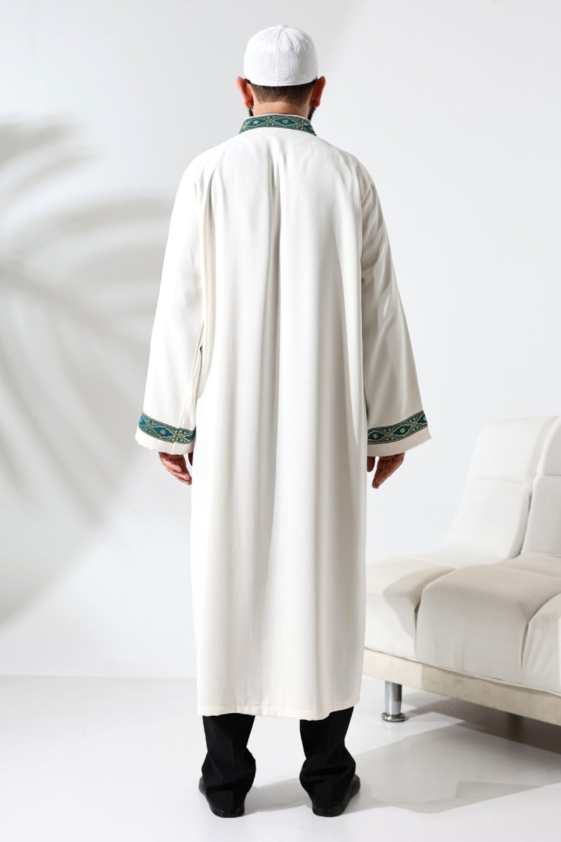 Cream-colored Imam Robe with Green Pattern Embroidery, Mandarin Collar, Snap Buttons, and Pockets. - ihvan