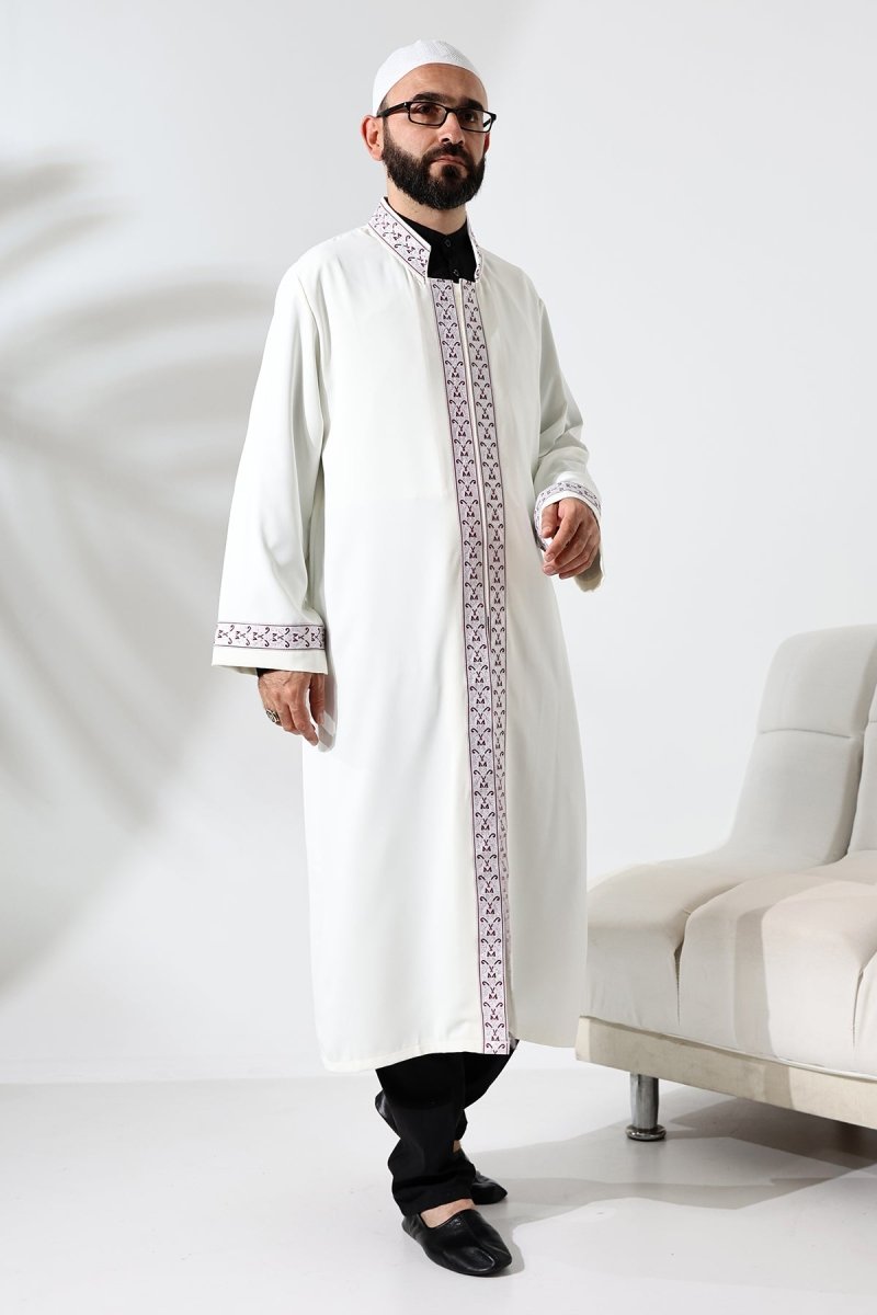 Cream-colored Imam Robe with Red Pattern Embroidery, Mandarin Collar, Snap Buttons, and Pockets. - ihvan
