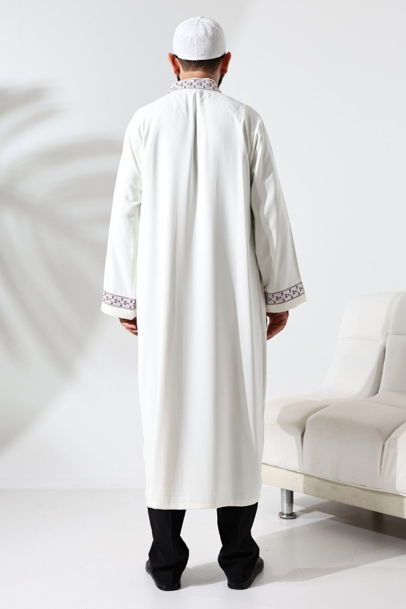 Cream-colored Imam Robe with Red Pattern Embroidery, Mandarin Collar, Snap Buttons, and Pockets. - ihvan