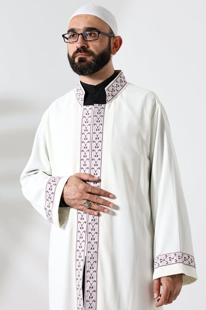 Cream-colored Imam Robe with Red Pattern Embroidery, Mandarin Collar, Snap Buttons, and Pockets. - ihvan