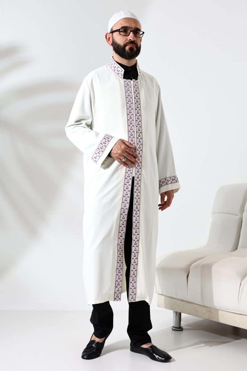 Cream-colored Imam Robe with Red Pattern Embroidery, Mandarin Collar, Snap Buttons, and Pockets. - ihvan