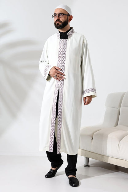 Cream-colored Imam Robe with Red Pattern Embroidery, Mandarin Collar, Snap Buttons, and Pockets. - ihvan