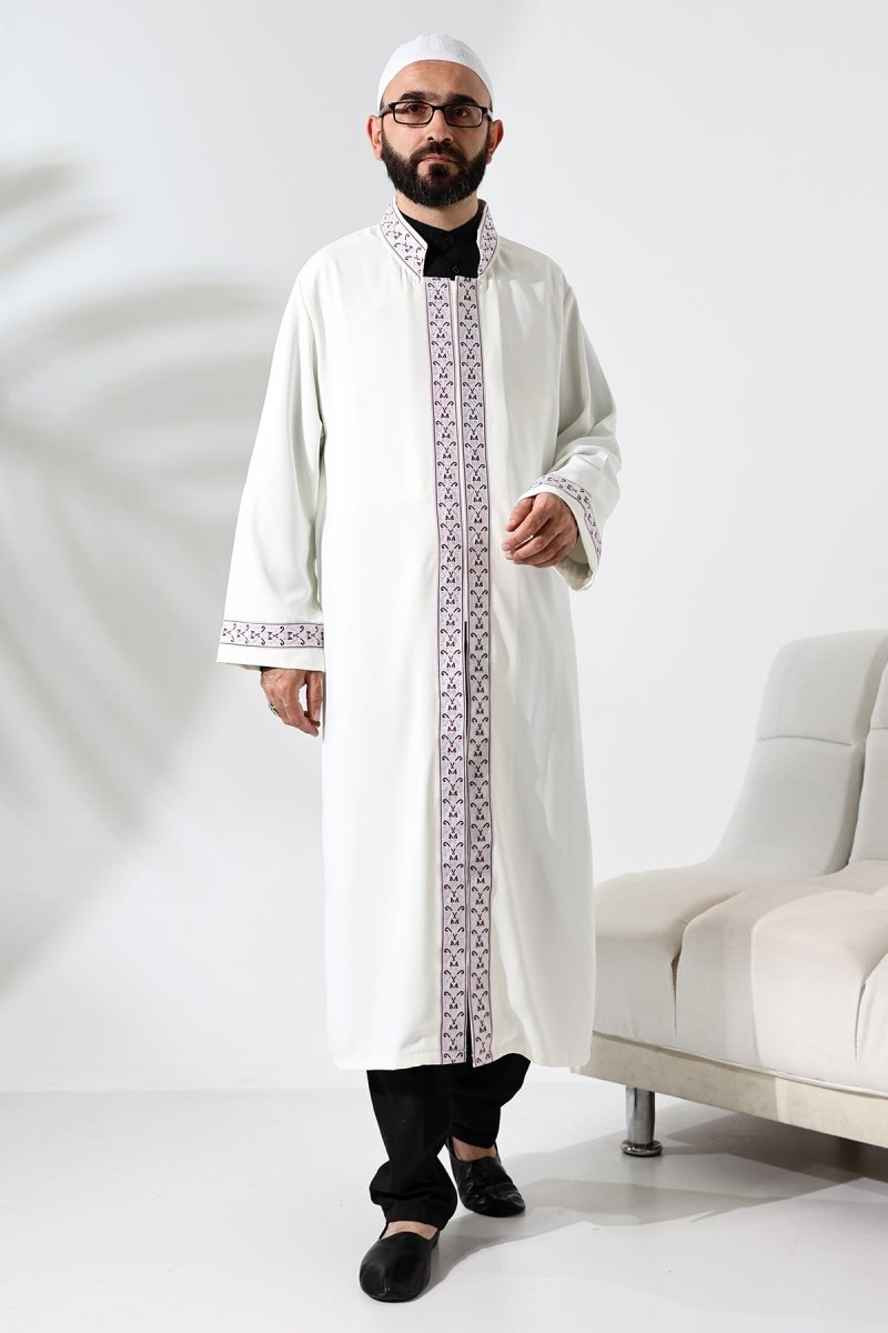 Cream-colored Imam Robe with Red Pattern Embroidery, Mandarin Collar, Snap Buttons, and Pockets. - ihvan