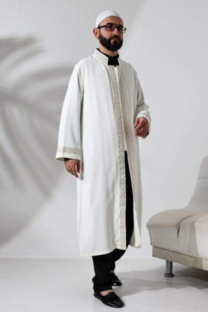 Cream-colored Imam Robe with Silver Pattern Embroidery, Mandarin Collar, Snap Button Closure, and Pockets. - ihvan
