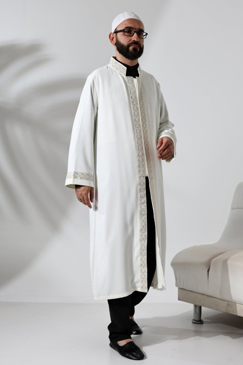 Cream-colored Imam Robe with Silver Pattern Embroidery, Mandarin Collar, Snap Button Closure, and Pockets. - ihvan