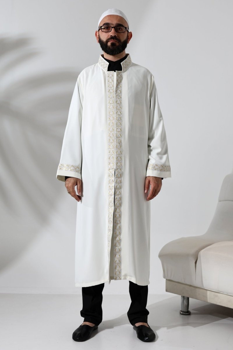 Cream-colored Imam Robe with Silver Pattern Embroidery, Mandarin Collar, Snap Button Closure, and Pockets. - ihvan