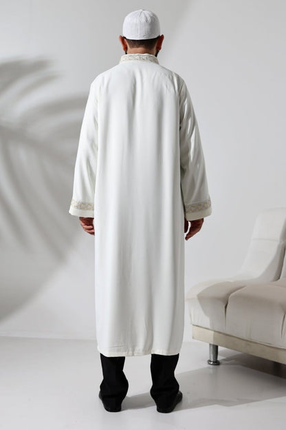 Cream-colored Imam Robe with Silver Pattern Embroidery, Mandarin Collar, Snap Button Closure, and Pockets. - ihvan