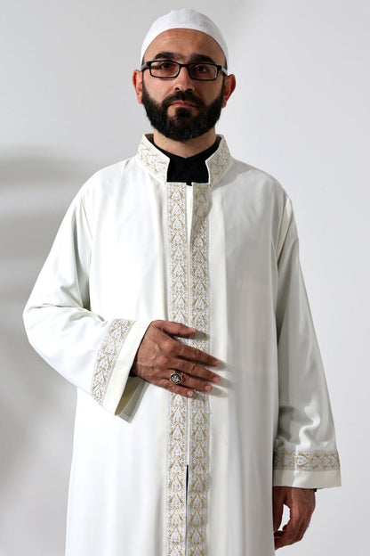 Cream-colored Imam Robe with Silver Pattern Embroidery, Mandarin Collar, Snap Button Closure, and Pockets. - ihvan