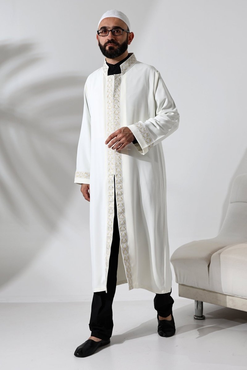 Cream-colored Imam Robe with Silver Pattern Embroidery, Mandarin Collar, Snap Button Closure, and Pockets. - ihvan