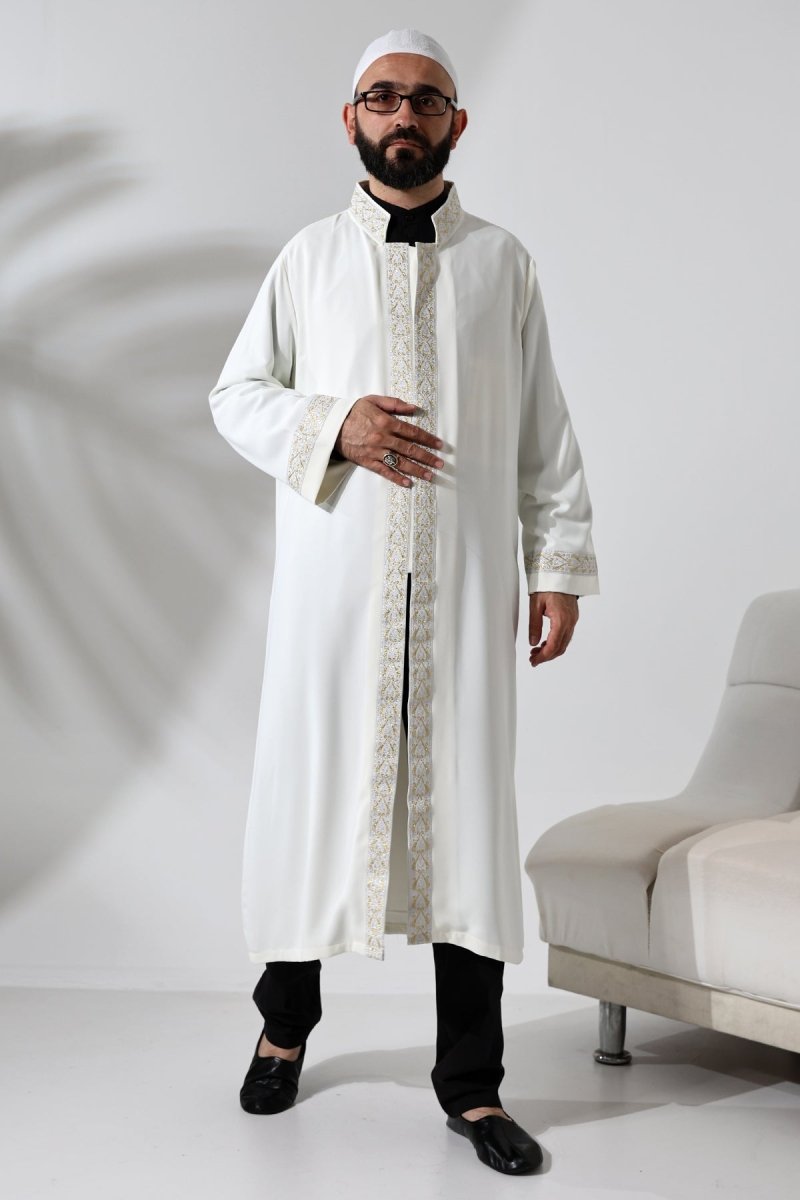 Cream-colored Imam Robe with Silver Pattern Embroidery, Mandarin Collar, Snap Button Closure, and Pockets. - ihvan