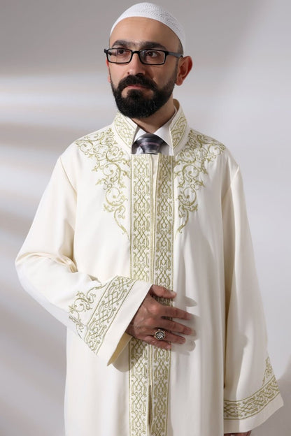 Cream-colored, Mandarin Collar Men's Prayer Robe with Striped Embroidery - Imam Robe - ihvan