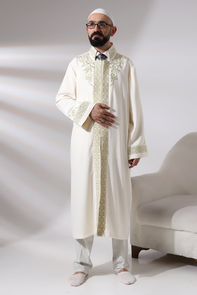 Cream-colored, Mandarin Collar Men's Prayer Robe with Striped Embroidery - Imam Robe - ihvan