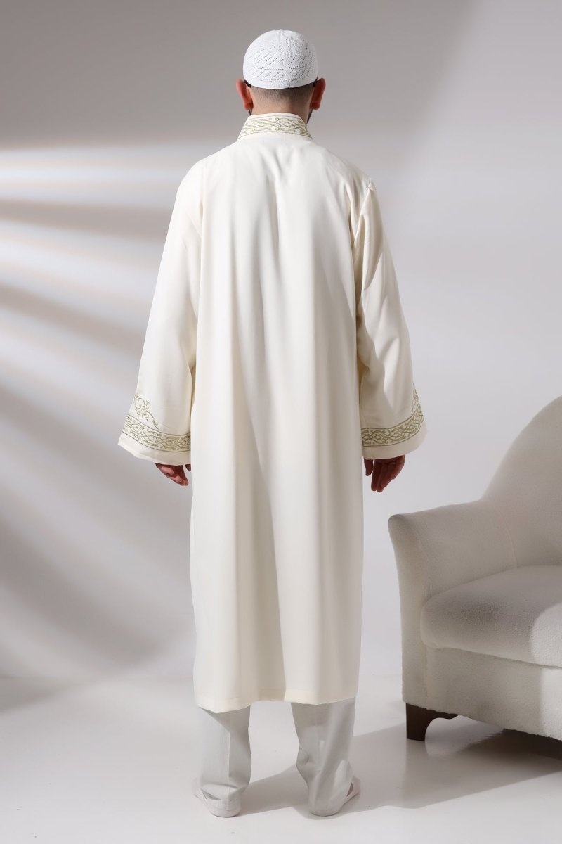 Cream-colored, Mandarin Collar Men's Prayer Robe with Striped Embroidery - Imam Robe - ihvan