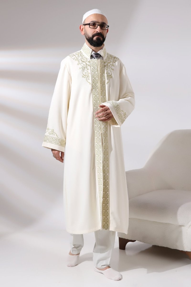 Cream-colored, Mandarin Collar Men's Prayer Robe with Striped Embroidery - Imam Robe - ihvan