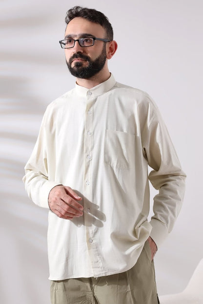 Cream Men's Loose Fit Single Pocket Mandarin Collar Hajj and Umrah Linen Shirt - ihvan