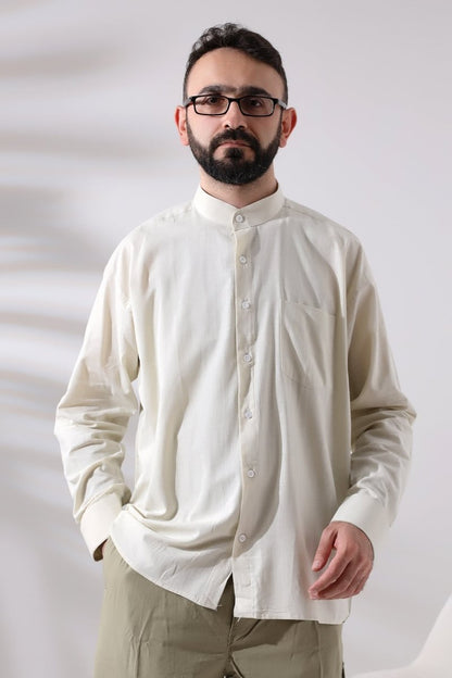 Cream Men's Loose Fit Single Pocket Mandarin Collar Hajj and Umrah Linen Shirt - ihvan