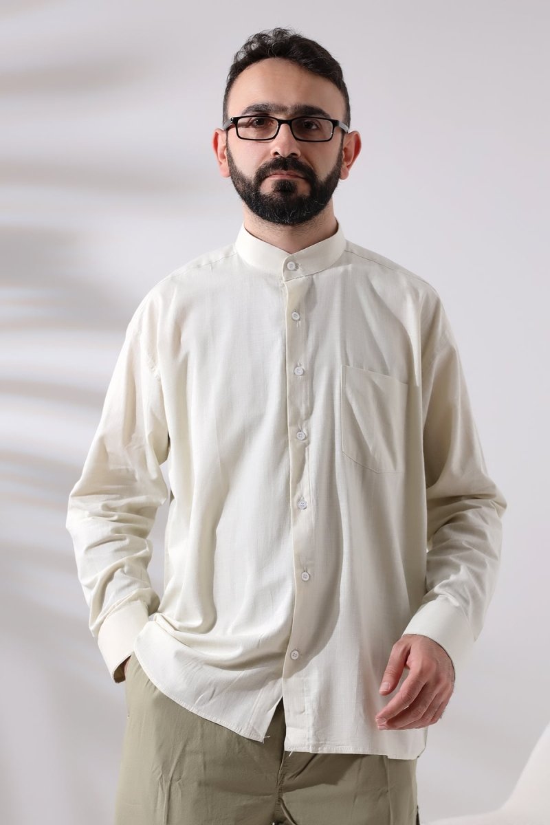 Cream Men's Loose Fit Single Pocket Mandarin Collar Hajj and Umrah Linen Shirt - ihvan