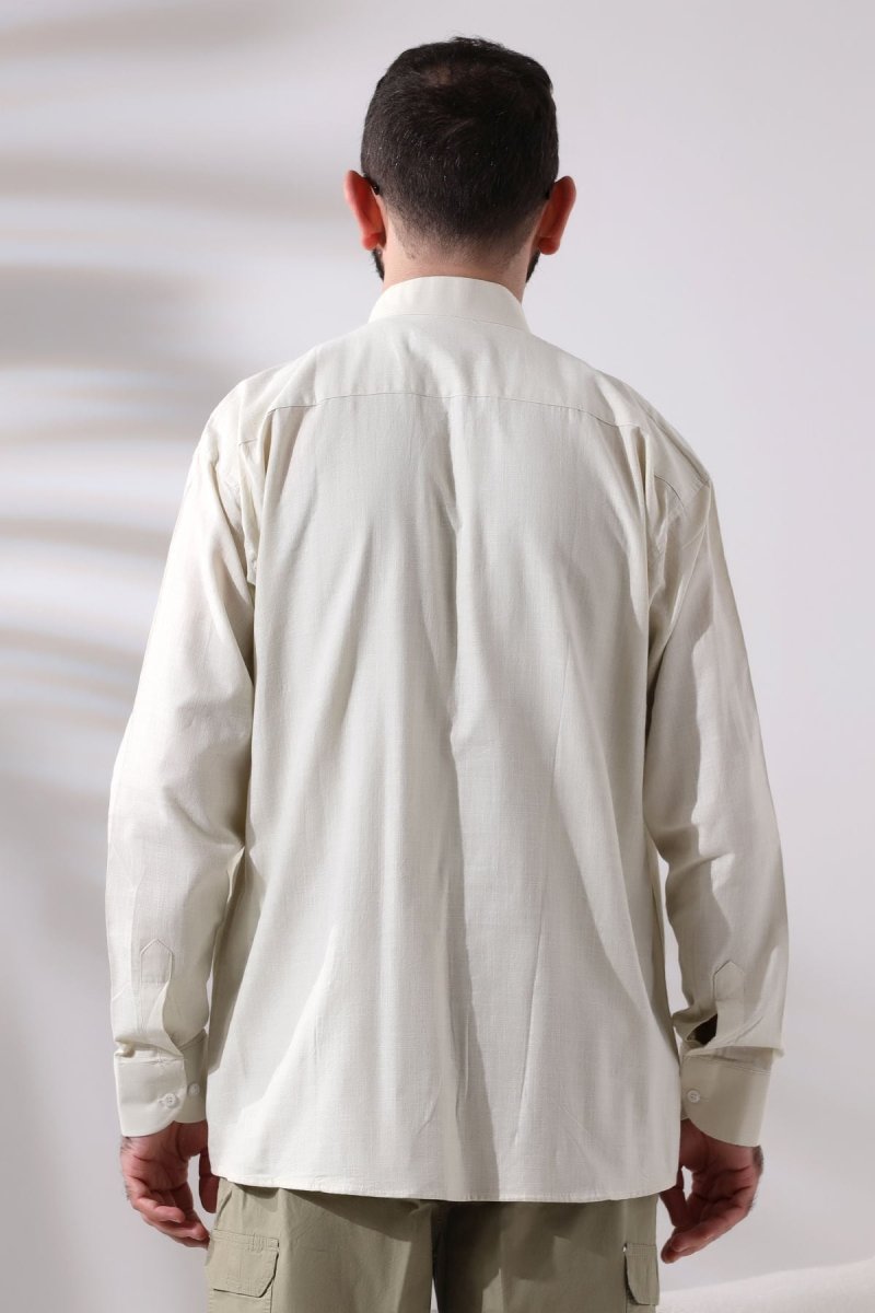Cream Men's Loose Fit Single Pocket Mandarin Collar Hajj and Umrah Linen Shirt - ihvan