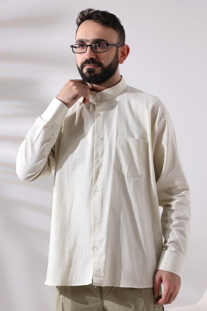 Cream Men's Loose Fit Single Pocket Mandarin Collar Hajj and Umrah Linen Shirt - ihvan