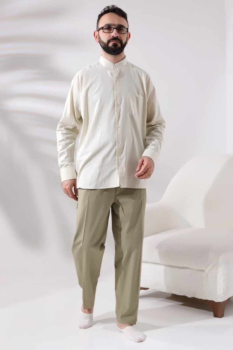 Cream Men's Loose Fit Single Pocket Mandarin Collar Hajj and Umrah Linen Shirt - ihvan
