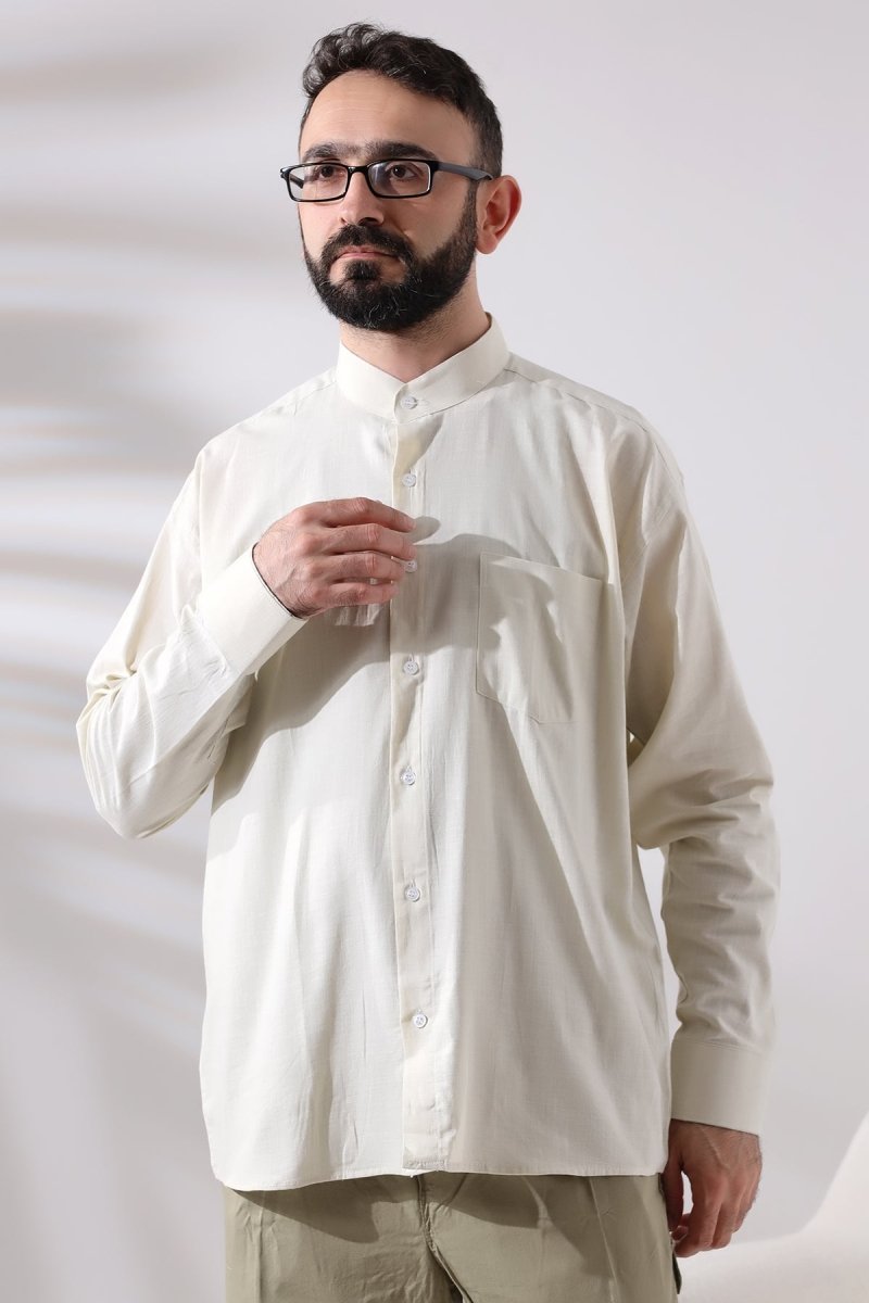 Cream Men's Loose Fit Single Pocket Mandarin Collar Hajj and Umrah Linen Shirt - ihvan