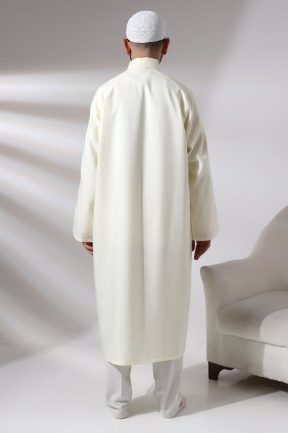 Cream Men's Prayer Robe, Plain, Unpatterned, Mandarin Collar, Imam Robe - ihvan