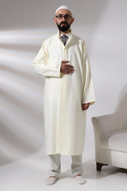 Cream Men's Prayer Robe, Plain, Unpatterned, Mandarin Collar, Imam Robe - ihvan