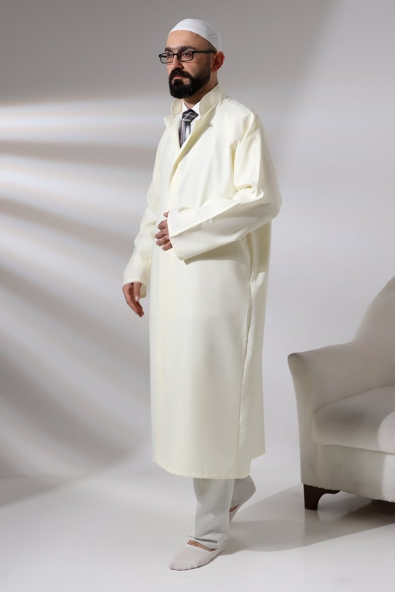 Cream Men's Prayer Robe, Plain, Unpatterned, Mandarin Collar, Imam Robe - ihvan